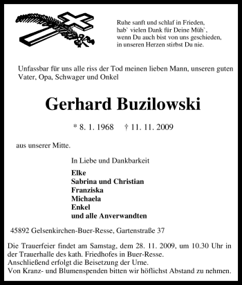 Traueranzeige von Gerhard Buzilowski von Tageszeitung