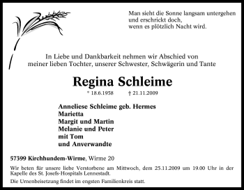 Traueranzeige von Regina Schleime von Tageszeitung