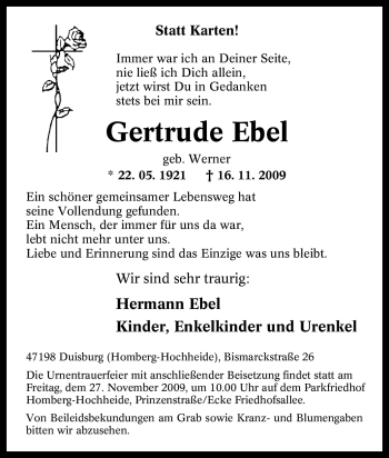 Traueranzeige von Gertrude Ebel von Tageszeitung