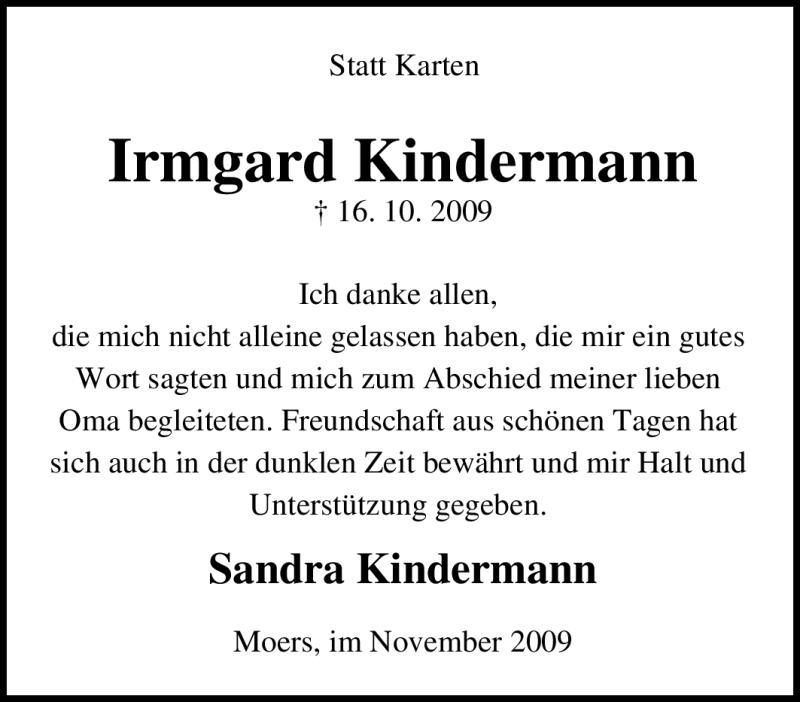  Traueranzeige für Irmgard Kindermann vom 10.11.2009 aus Tageszeitung