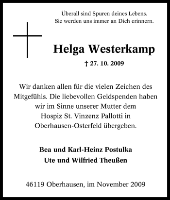 Traueranzeige von Helga Westerkamp von Tageszeitung