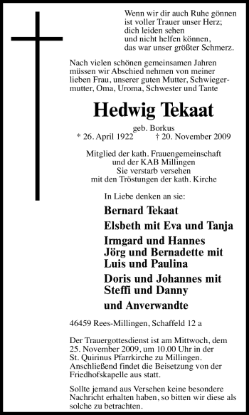 Traueranzeige von Hedwig Tekaat von Tageszeitung