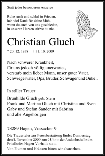Traueranzeige von Christian Gluch von Tageszeitung