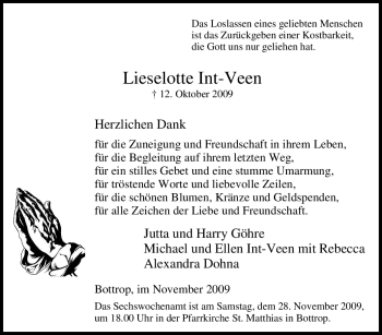 Traueranzeige von Lieselotte Int-Veen von Tageszeitung