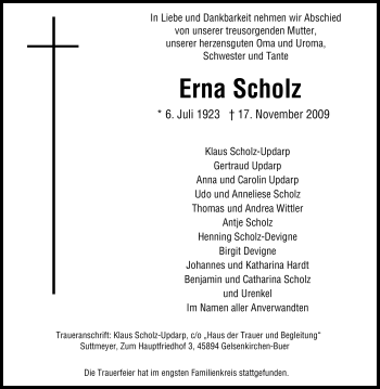 Traueranzeige von Erna Scholz von Tageszeitung