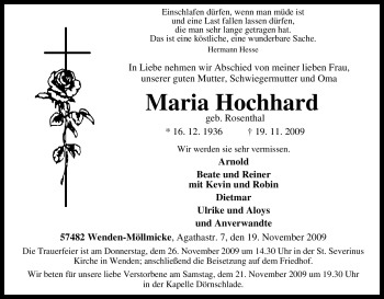 Traueranzeige von Maria Hochhard von Tageszeitung