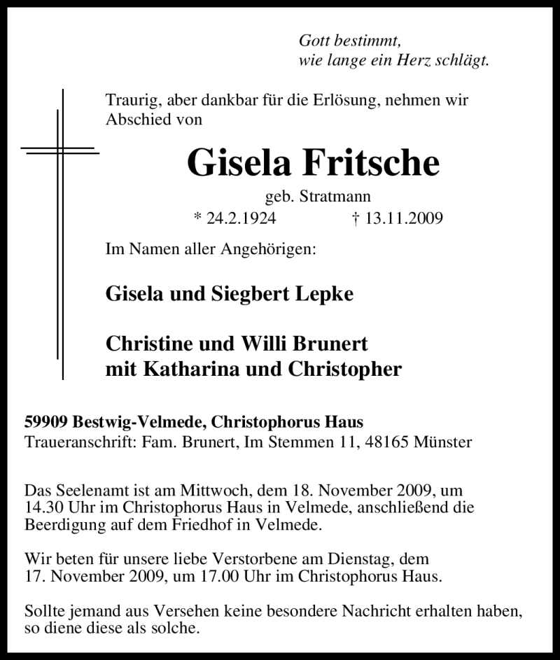  Traueranzeige für Gisela Fritsche vom 16.11.2009 aus Tageszeitung
