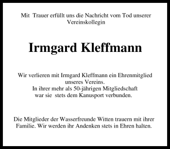 Traueranzeige von Irmgard Kleffmann von Tageszeitung
