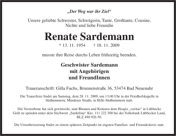 Traueranzeige von Renate Sardemann von Tageszeitung