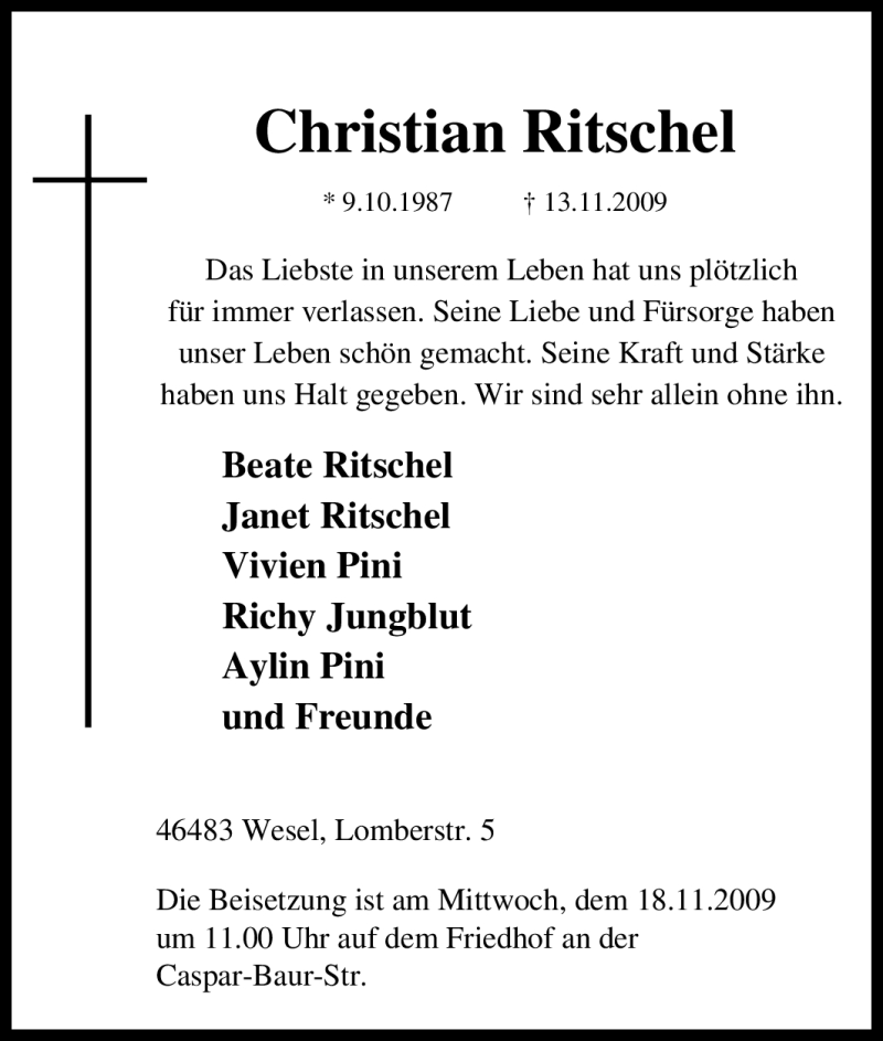  Traueranzeige für Christian Ritschel vom 16.11.2009 aus Tageszeitung