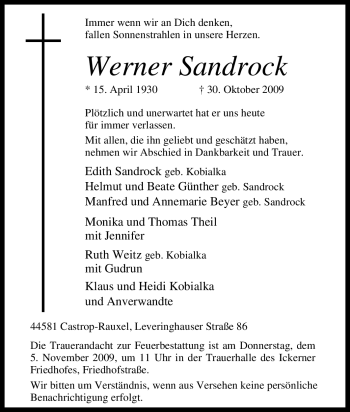 Traueranzeige von Werner Sandrock von Tageszeitung