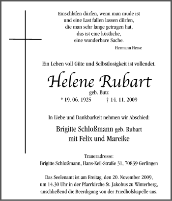 Traueranzeige von Helene Rubart von Tageszeitung