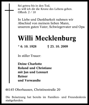 Traueranzeige von Willi Mecklenburg von Tageszeitung