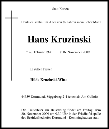 Traueranzeige von Hans Kruzinski von Tageszeitung