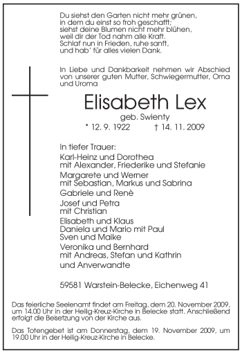 Traueranzeige von Elisabeth Lex von Tageszeitung