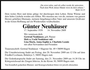 Traueranzeige von Günter Neuhäuser von Tageszeitung