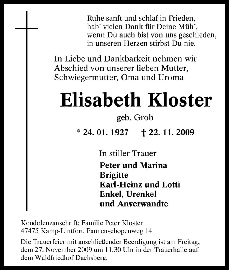  Traueranzeige für Elisabeth Kloster vom 25.11.2009 aus Tageszeitung
