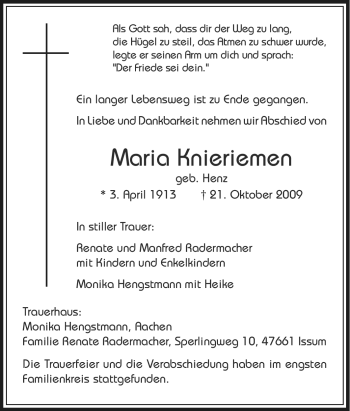 Traueranzeige von Maria Knieriemen von Tageszeitung