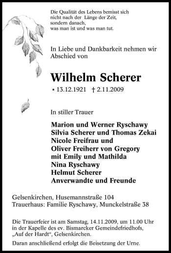 Traueranzeige von Wilhelm Scherer von Tageszeitung