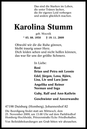 Traueranzeige von Karolina Stumm von Tageszeitung
