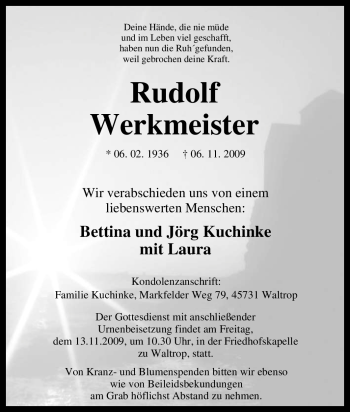 Traueranzeige von Rudolf Werkmeister von Tageszeitung