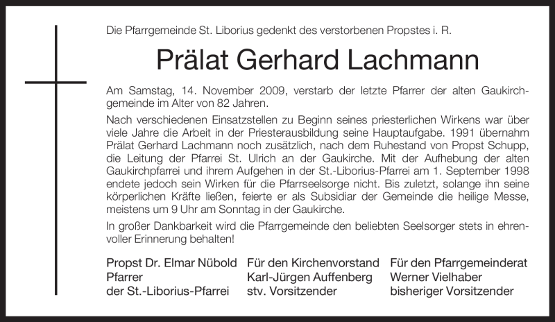  Traueranzeige für Gerhard Lachmann vom 17.11.2009 aus Tageszeitung