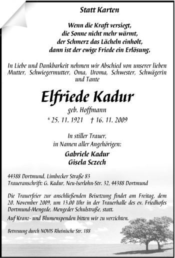 Traueranzeige von Elfriede Kadur von Tageszeitung