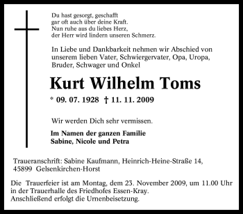 Traueranzeige von Kurt Wilhelm Toms von Tageszeitung