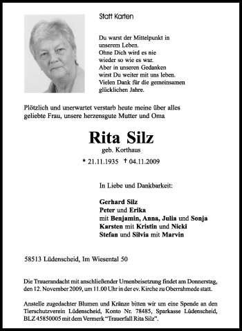 Traueranzeige von Rita Silz von Tageszeitung