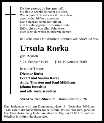 Traueranzeige von Ursula Rorka von Tageszeitung