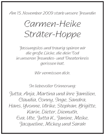 Traueranzeige von Carmen-Heike Sträter-Hoppe von Tageszeitung
