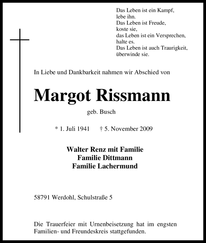  Traueranzeige für Margot Rissmann vom 13.11.2009 aus Tageszeitung