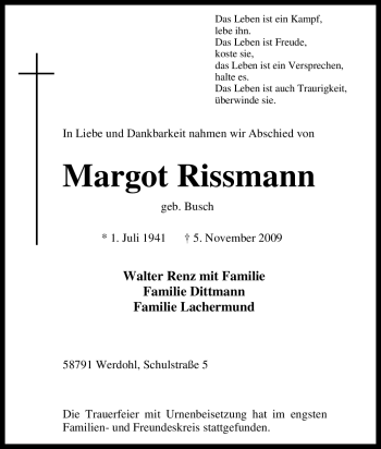 Traueranzeige von Margot Rissmann von Tageszeitung