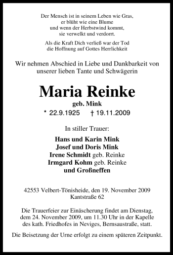 Traueranzeige von Maria Reinke von Tageszeitung