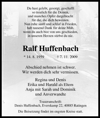 Traueranzeige von Ralf Huffenbach von Tageszeitung