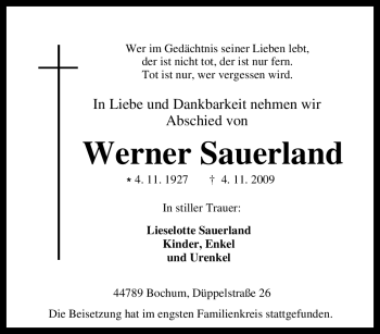 Traueranzeige von Werner Sauerland von Tageszeitung