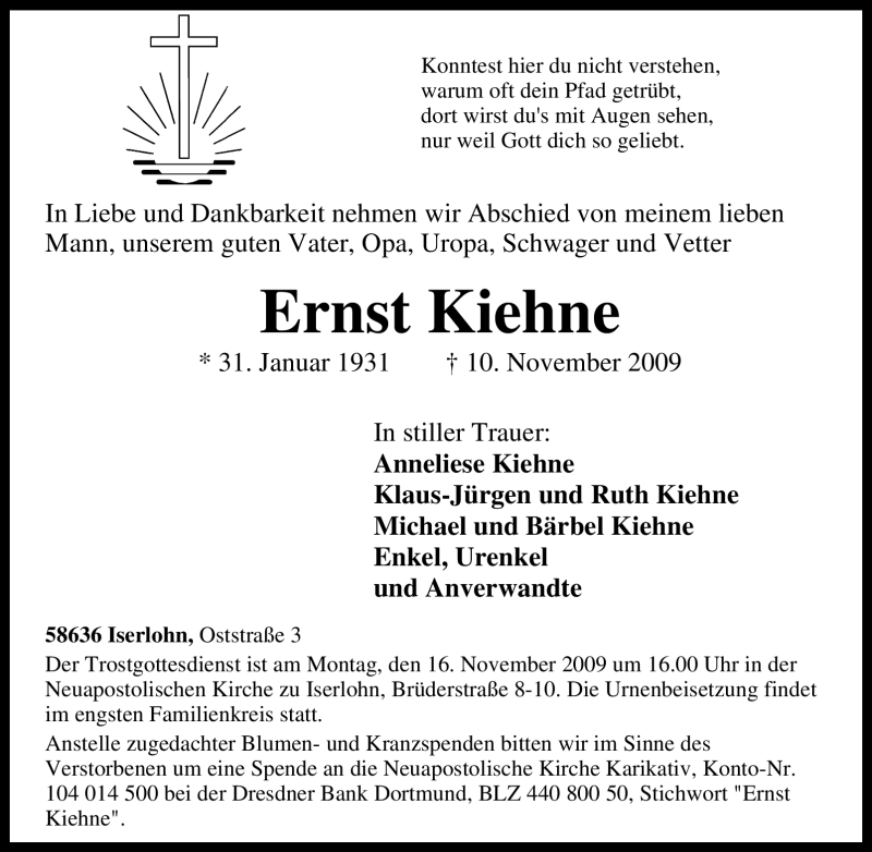  Traueranzeige für Ernst Kiehne vom 13.11.2009 aus Tageszeitung