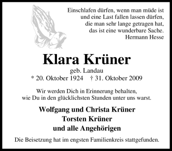 Traueranzeige von Klara Krüner von Tageszeitung
