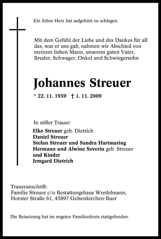  Traueranzeige für Johannes Streuer vom 06.11.2009 aus Tageszeitung