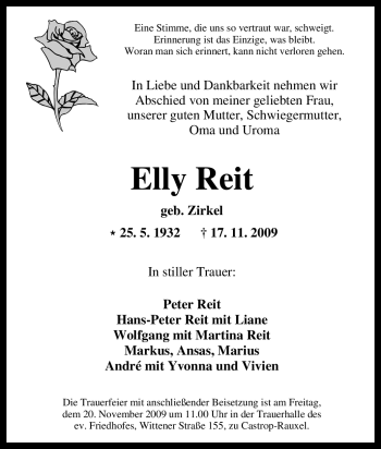 Traueranzeige von Elly Reit von Tageszeitung