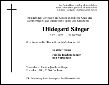 Traueranzeige von Hildegard Sänger von Tageszeitung
