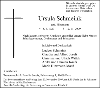 Traueranzeige von Ursula Schmeink von Tageszeitung