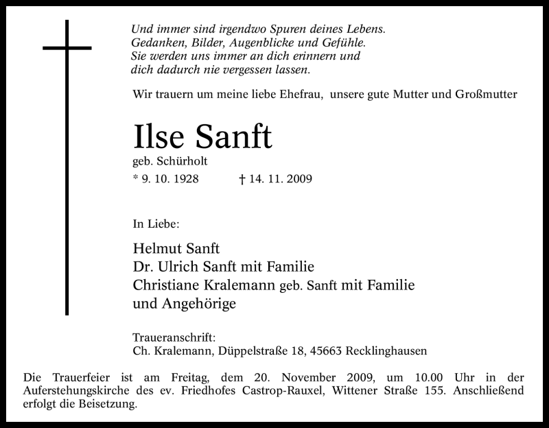  Traueranzeige für Ilse Sanft vom 17.11.2009 aus Tageszeitung