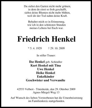Traueranzeige von Friedrich Henkel von Tageszeitung