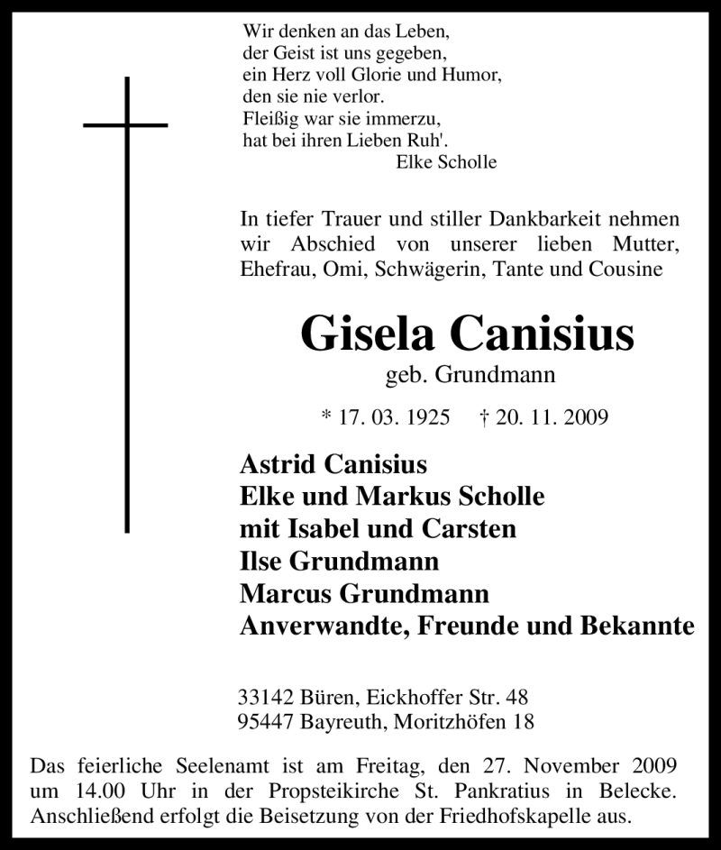  Traueranzeige für Gisela Canisius vom 25.11.2009 aus Tageszeitung