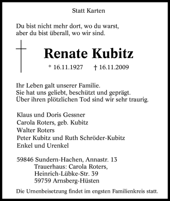 Traueranzeige von Renate Kubitz von Tageszeitung