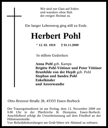 Traueranzeige von Herbert Pohl von Tageszeitung