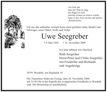 Traueranzeige von Uwe Seegreber von Tageszeitung