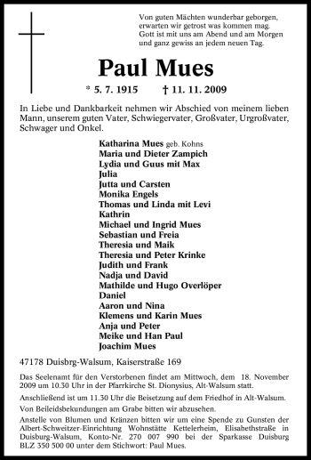 Traueranzeige von Paul Mues von Tageszeitung