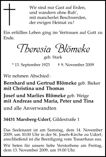 Traueranzeige von Theresia Blömeke von Tageszeitung